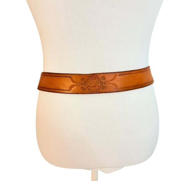 Old Navy Leather Belt Size S Floral Brass Buckle Cognac Brown Embossed VTG Y2K main image 16